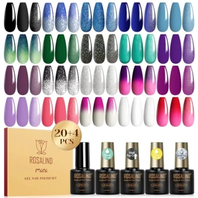 Abbildung von ROSALIND UV Nagellack Set Thermo, 20+4 Stück Gel Farbwechsel mit Unterlack &amp; Überlack, Matt Glitzer Thermo Shellac Schwarz Blau Grün Violett Farbgel für Gelnägel Nagel Design