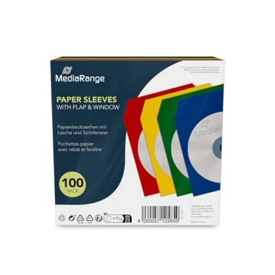 Abbildung von MediaRange BOX67 Papiertaschen für 1 Disc, mit Lasche und Sichtfenster, farbig sortiert, 100er Pack