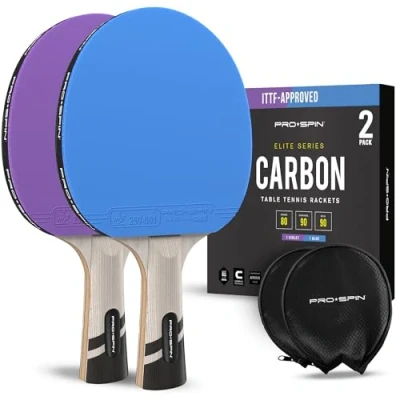 Abbildung von Pro SPIN Tischtennisschläger Limited Edition ITTF Color Premium Kohlefaser Profi Qualität 7 lagige Klinge, Gummi, 2 mm Schwamm (2 Stück blau/violett)