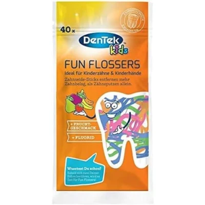 Abbildung von Dentek Fun Flossers Kids Zahnseide Sticks speziell für Kinder mit Fruchtgeschmack rutschfester Griff bunte Farben, 1 X 40 Stk