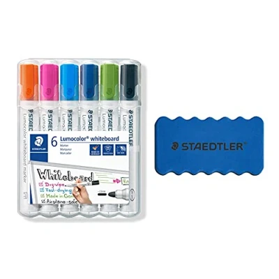 Abbildung von STAEDTLER whiteboard Marker Lumocolor, Linienbreite 2,00 mm, schnelltrocknend, geruchsarm, lange Lebensdauer, blockierte Spitze, 6 in aufstellbarer box (6 + Löscher)