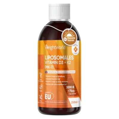 Abbildung von Liposomales Vitamin D3 K2 flüssig 2000IE + 75µg 250ml für 100 Tage Vorrat Alternative zu D Kapseln &amp; Tabletten Vegan MK 7 Hohe Bioverfügbarkeit WeightWorld
