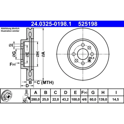 Abbildung von ATE PowerDisc 24.0325 0198.1 Bremsscheibe 280,0 25,0 4 100,0 Belüftet beschichtet legiert/hochgekohlt mit Schrauben OPEL: Astra H Hatchback