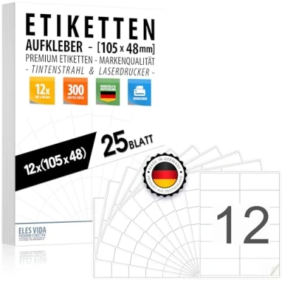 Abbildung von 300 Selbstklebende 105 x 48 Adressaufkleber (12 pro DIN A4 Bogen), Adressetiketten bedruckbar mit Inkjet und Laserdrucker Aufkleber, Drucker Etiketten MADE IN GERMANY