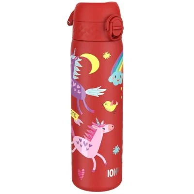 Abbildung von ion8 Stahl Trinkflasche, 600 ml, Auslaufsicher, Einhandöffnung, Sichere Verriegelung, Spülmaschinenfest, Klappdeckel, Tragegriff, Leicht zu Reinigen, Langlebig, Rot Einhörner