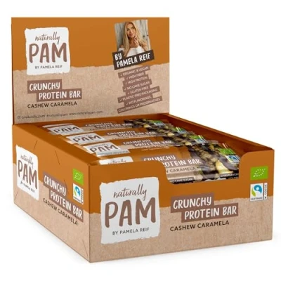 Abbildung von Naturally Pam Crunchy Protein Bar Bio &amp; vegan Proteinriegel Snack 7,6g 134kcal pro Riegel High Eiweißriegel ohne Palmöl 12x30g Cashew Caramela