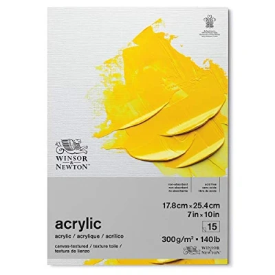 Abbildung von Winsor &amp; Newton 6534001 Acrylpapier im Block 15 Blatt mit Leinwandstruktur 17,8 x 25,4cm, 300g/m², Säurefrei, ohne optische Aufheller, Alterungsbeständig für Acrylfarbe und Medien