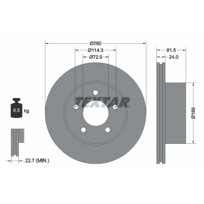 Abbildung von TEXTAR 92113500 Bremsscheibe 280 24 05/05 114,3 innenbelüftet ohne Radlager, Radbefestigungsbolzen, Radnabe JEEP: Grand Cherokee I
