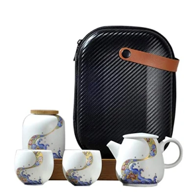 Abbildung von fanquare Tragbare Reise Tee Set mit Reisetasche, Porzellan Teeservice Meereswelle und Blume Motiv, Teekanne Teetassen Teedose