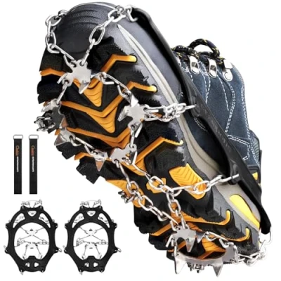 Abbildung von Crampons Ice Cleats Traction Snow Grips for Boots Shoes Women Men Anti Slip 19 Stainless Steel Spikes Safe Protect Hiking Fishing Walking Climbing Mountaineering (Black,M)