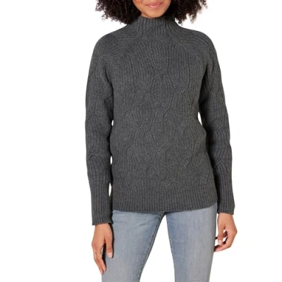 Abbildung von Amazon Essentials Damen Soft Touch Pullover mit Trichterkragen und Zopfmuster, Dunkelgrau Meliert, M