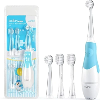 Abbildung von Seago SG 513 Elektrische Schall Zahnbürste für Kinder von 0 bis 3 Jahren LED Licht Smart Timer Babyzahnbürste Wasserdicht IPX7 Kinderzahnbürste (Schallzahnbürste + 4x Aufsteckbürsten, Blau)