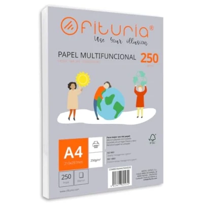 Abbildung von Packung mit 250 weißen DIN A4 Blättern, 250g Druckerpapier. Multifunktionales Kopierpapier für Schule und Büro. Ideal Laserdrucker, Tintenstrahldrucker oder Kopierer Ofituria