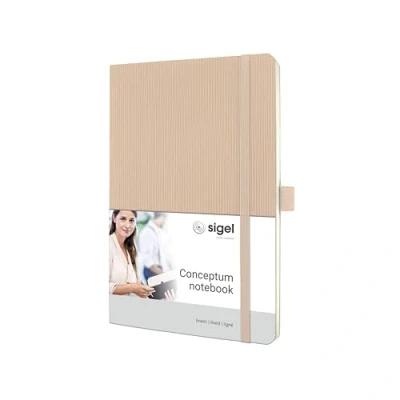 Abbildung von SIGEL CO333 Premium Notizbuch liniert, A5, Softcover, beige, aus nachhaltigem Papier Conceptum mit Seitenzahlen, Inhaltsverzeichnis, Stiftschlaufe, Falttasche
