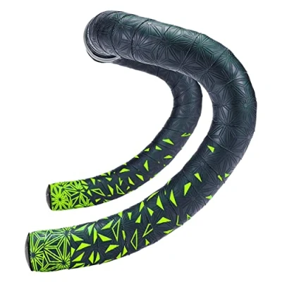Abbildung von Supacaz Fahrrad Lernband, super klebrig, Sterne Fade, Neongelb plus schwarze Ano Stöpsel