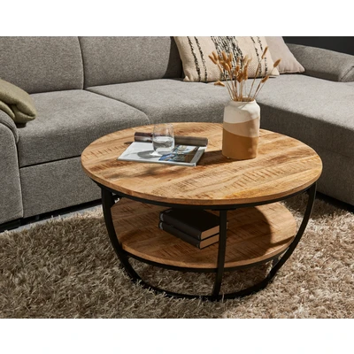Abbildung von JAMBI Couchtisch Massivholz Mango rund Hochwertiger Sofatisch mit schwarzem Metallgestell 86,5 x 44 cm (B/H/T)