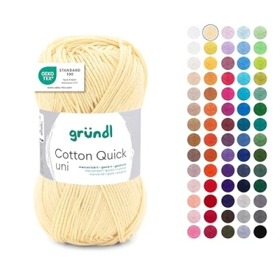 Abbildung von Gründl Wolle Cotton Quick uni dünne zum Häkeln Strickgarn Häkelgarn Glänzend und hautfreundlich 100% Baumwolle 1 Knäuel 50 g / 125 m Nadelstärke 3 4 pastellgelb