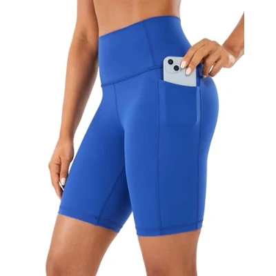 Abbildung von CRZ Yoga Naked Feeling Damen Radlerhose mit Taschen Hohe Taille Shorts Kurze Sporthose Sport Leggings Sportshorts 20cm Wellen Blau 38
