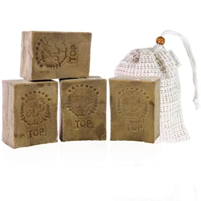 Abbildung von TUMELO Original Aleppo Seife 4 x 200g (800g) 70% Olivenöl 30% Lorbeeröl + Sisal Seifensäckchen, handgemachte Olivenölseife Naturseife