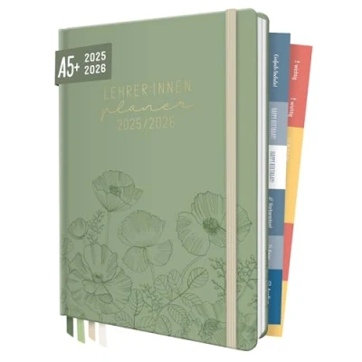 Abbildung von Häfft® Lehrer Planer 2025/2026 A5+ &quot;Green Poppy&quot; Hardcover Lehrerkalender, Schuljahresplaner, Schulplaner mit Sprüchen, Stickern und mehr nachhaltig &amp; klimafreundlich