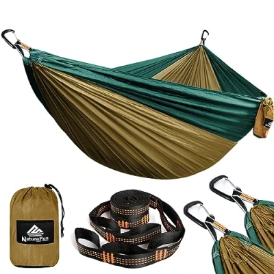 Abbildung von NATUREFUN Ultraleichte Reise Camping Hängematte 300kg Tragkraft (300 x 200 cm) Atmungsaktiv, Schnelltrocknendes Fallschirm Nylon 2 Premium Karabiner, Schlingen Inbegriffen Draußen
