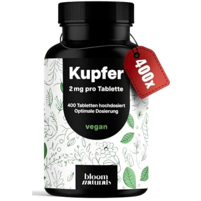 Abbildung von Kupfer Tabletten hochdosiert 400 Stück mit 2 mg Bisglycinat Copper, vegan und produziert in Deutschland