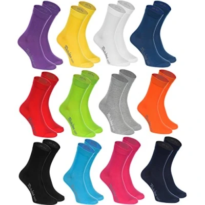 Abbildung von Rainbow Socks Damen Herren Klassische Bunte Baumwolle Socken 12 Paar Schwarz Weiß Grau Lila Blau Marine Jeans Orange Rot Gelb Grün Fuchsie Größen 42 43