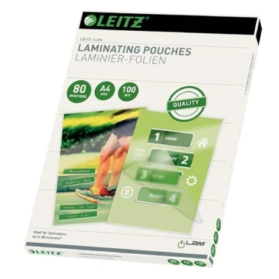 Abbildung von Leitz Heißlaminierfolien A4 80 mic, Hochwertige Laminierfolien im 100er Pack, mit abgerundeten Ecken, transparent, glänzend, für den Einsatz zu Hause oder Büro, 33818