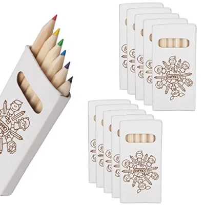 Abbildung von WPRO Kids Holz Buntstifte 10 er Set mit je 6 Farben Mini Farbstifte Geschenk Mitgebsel Kindergeburtstag Jungen &amp; Mädchen sechseckig Malstifte Kartonbox weiß