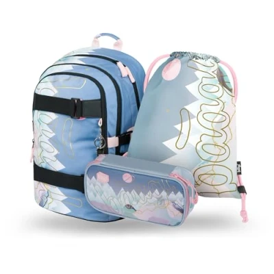 Abbildung von Baagl Schulrucksack Set Mädchen 3 Teilig, Schultasche ab 3. Klasse, Grundschule Ranzen mit Brustgurt, Ergonomischer Schulranzen (Skate Moon)