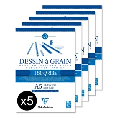 Abbildung von Clairefontaine 96626C Packung mit 5 Blöcken geleimt Zeichenpapier gekörnt, 30 Blatt DIN A5, 180g, weiß, 1 Pack