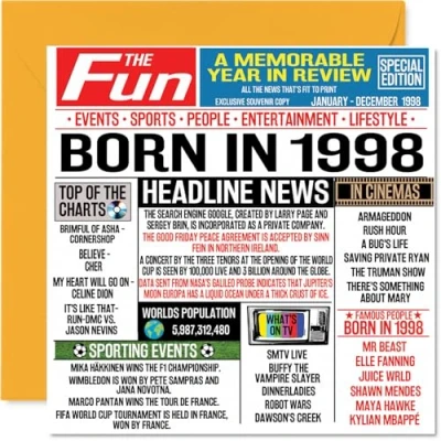 Abbildung von Stuff4 Geburtstagskarte zum 26. Geburtstag für Männer und Frauen, Zeitung Born In 5,074.9 cm Happy 26 Birthday Card Bruder, Schwester, Freunde, Vintage Retro. 1998, 145 x mm,