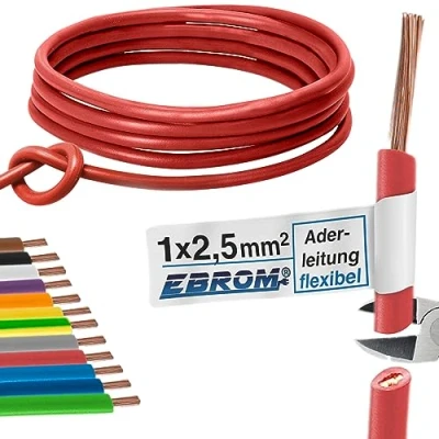 Abbildung von Aderleitung Verdrahtungsleitung Einzelader flexibel, PVC Leitung H07V K 2,5 mm² Farbe: rot viele Längen in 5 Meter Schritten lieferbar, Ihre Länge: 15 m 2,5mm2