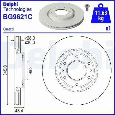 Abbildung von DELPHI Bremsscheibe HYUNDAI: Staria Minibus 345mm 30mm 6 Belüftet beschichtet BG9621C 51712CG800 Bremsscheiben, Scheibenbremsen