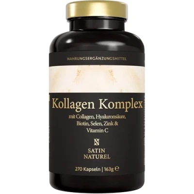 Abbildung von Hyaluron Kollagen Komplex 270 hochdosierte Kapseln Angereichert mit Biotin, Selen, Zink, Vitamin C und Bambusextrakt für Haut, Haare Nägel Made in Germany Satin Naturel