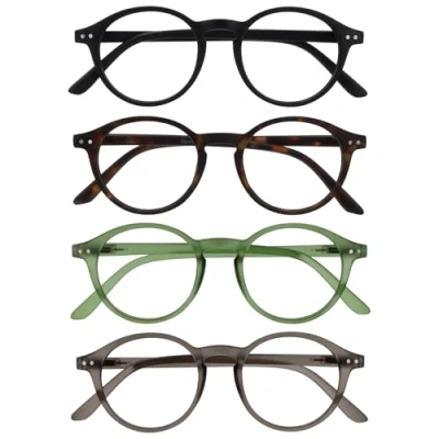 Abbildung von OPULIZE REY Lesebrille 4er Pack Runder Retro Rahmen Mattschwarz, Braunes Schildpatt, Grün, Grau Herren Damen Federscharniere RRRR56 1267 +3.00