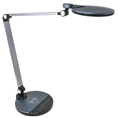 Abbildung von FeinTech LTL00620 LED Schreibtischlampe Ladefunktion kabellos induktives Laden Wireless Charging, Silbergrau
