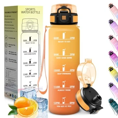 Abbildung von HoneyHolly Trinkflasche 1L, Zeitmarkierung, Wasserflasche, Auslaufsicher, Kohlensäure Geeignet, Wiederverwendbar, Water Bottle für Fitnessstudio, Radfahren, Büro, Outdoor, Sportflasche