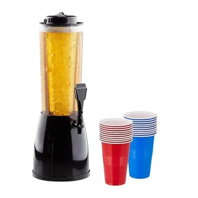 Abbildung von Relaxdays Biersäule, 2,5 l, 20 Bierbecher, Biertower mit Kühlung &amp; Zapfhahn, Kunststoff, Getränkespender Bier, bunt