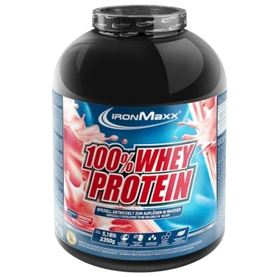 Abbildung von IronMaxx 100% Whey Protein Pulver Erdbeere 2,35kg Dose zuckerreduziertes, wasserlösliches Eiweißpulver aus Molkenprotein viele verschiedene Geschmacksrichtungen