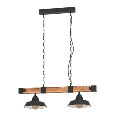 Abbildung von EGLO Hängelampe Oldbury, 2 flammige Vintage Pendelleuchte im Industrial Design, Pendellampe aus Stahl und Holz, Farbe Schwarz, braun rustikal, E27, 86 cm, FSC zertifiziert