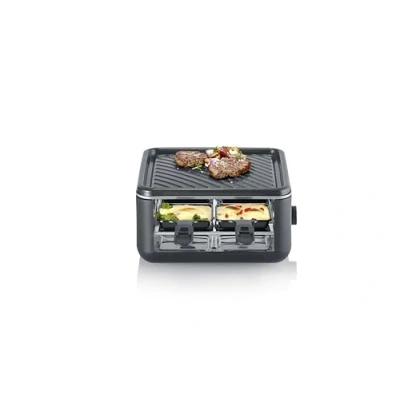 Abbildung von SEVERIN Mini Raclette Grill für 4 Personen, kleines mit antihaftbeschichteter Grillplatte, Extra Tiefe Pfännchen, Kompakter Tischgrill, 800W Leistung, Black Line, RG 2360