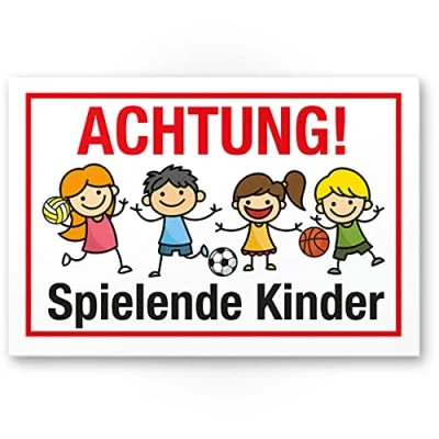 Abbildung von Komma Security Achtung spielende Kinder Schild 30 x 20 cm Hinweisschild Warnzeichen Warnschild langsam fahren Warnung Hinweis Spielstraße Spielplatz Vorsicht