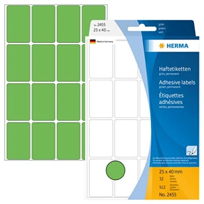 Abbildung von HERMA 2455 Vielzweck Etiketten, 768 Stück, 25 x 40 mm, 24 pro Bogen, selbstklebend, Haushaltsetiketten zum Beschriften, matt, blanko Papier Klebeetiketten Aufkleber, grün
