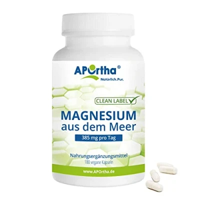 Abbildung von APOrtha® marines Magnesium, 180 vegane Kapseln, natürliches Magnesium aus dem Meer, Nahrungsergänzungsmittel ohne Zusatzstoffe, Magnesiumoxid 700mg, davon 385 mg elementares