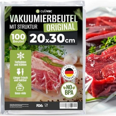 Abbildung von culivac Vakuumierbeutel 100 Vakuumbeutel 20x30cm Premium, Folienbeutel für jedes Folienschweißgerät Vakuumiergerät Vakuumierer, Vakuumierfolie Original Sous Vide, Made in Germany, BPA frei