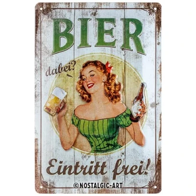 Abbildung von Nostalgic Art Retro Blechschild, 20 x 30 cm, Bier dabei Eintritt frei Geschenk Idee für Fans, aus Metall, Vintage Design mit Spruch, Blechschilder Sprüche, Deko