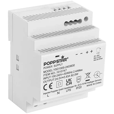 Abbildung von Poppstar 24V Trafo Hutschiene 3,83A 92W (Input 100 240 V AC 50/60 Hz, Output 24 DC 3,83 A 92 W) Klingeltrafo