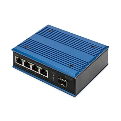 Abbildung von DIGITUS PoE Netzwerk Switch 5 Port Gigabit Ethernet 4X RJ45 + 1x SFP Unmanaged 10/100/1000 Mbit/s Hutschienen &amp; Wandmontage IP40 Industrial Serie Blau
