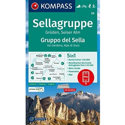 Abbildung von KOMPASS Wanderkarte 59 Sellagruppe, Gröden, Seiseralm / Gruppo del Sella, Val Gardena, Alpe di Siusi 1:50.000: 5in1 mit Aktiv Guide, ... Fahrradfahren. Skitouren. Langlaufen.